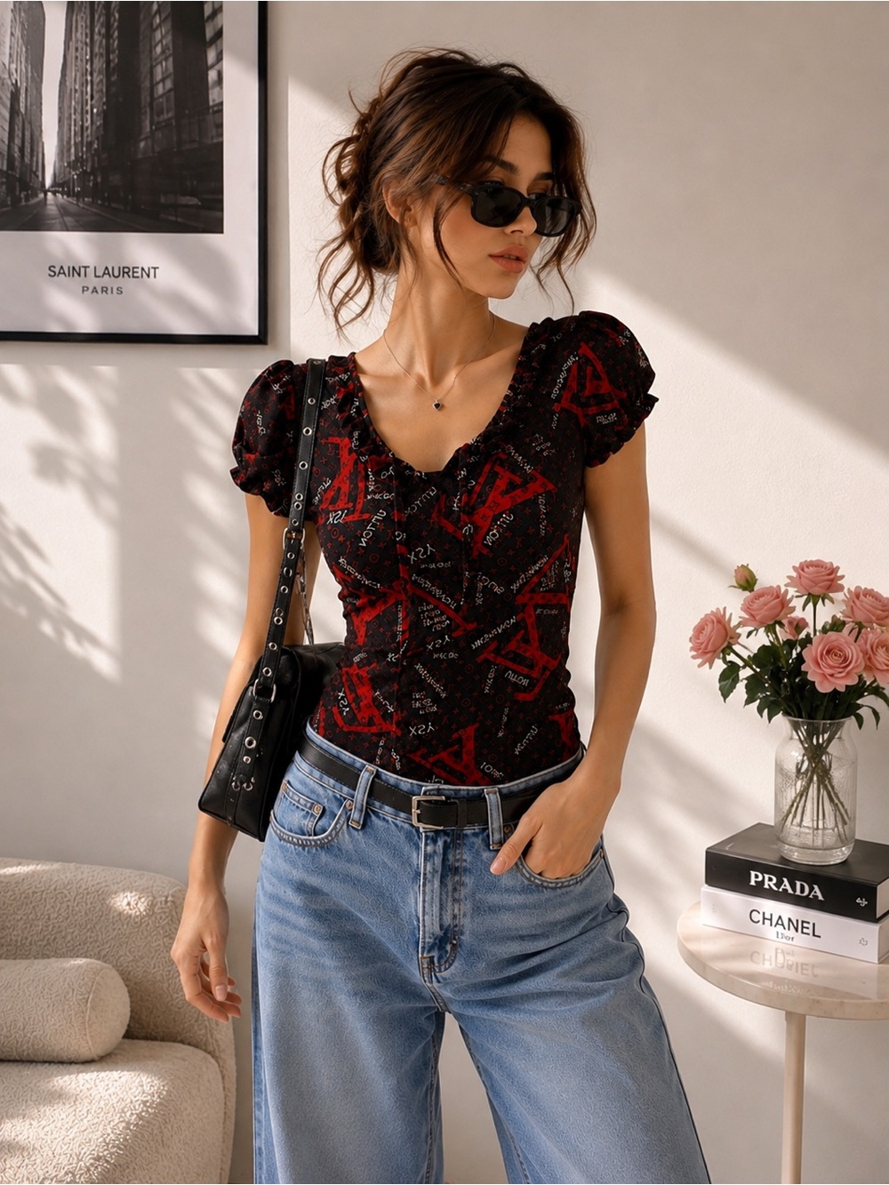 Red & Black Y2K Graphic Ruched Puff Sleeve Top | Cute Going Out